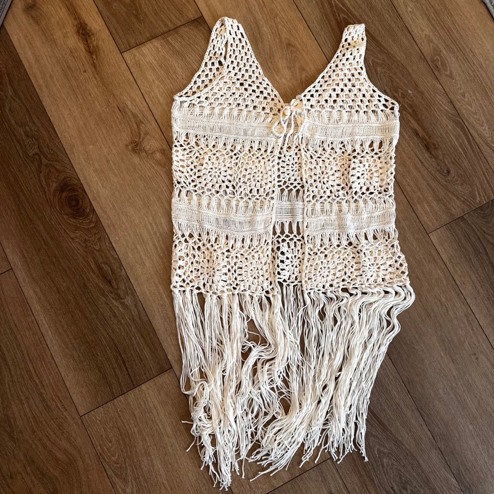 Cream Boho Crochet Fringe Vest Tie Front Open Knit Festival Cover Up 2XL - Picture 6 of 6